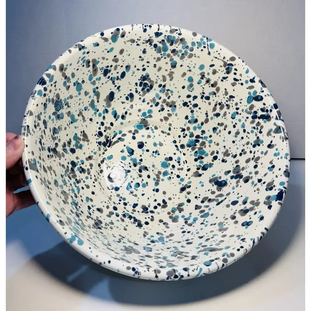 Crow Canyon Home Enamelware Large Salad Serving Bowl Spatter Blue Tides 5 Qt.